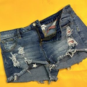 Jordann Destroyed Ladies Cutoff Denim Patriotic Blue Jean Shorts